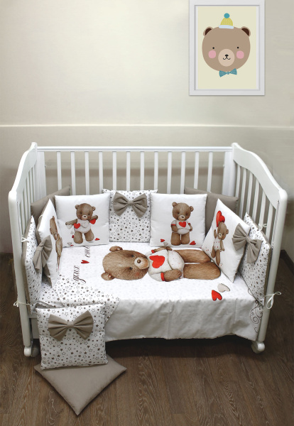 Комплект в кроватку Пухлики 18 предметов, с балдахином, с принтом (Сладкий сон-капучино)