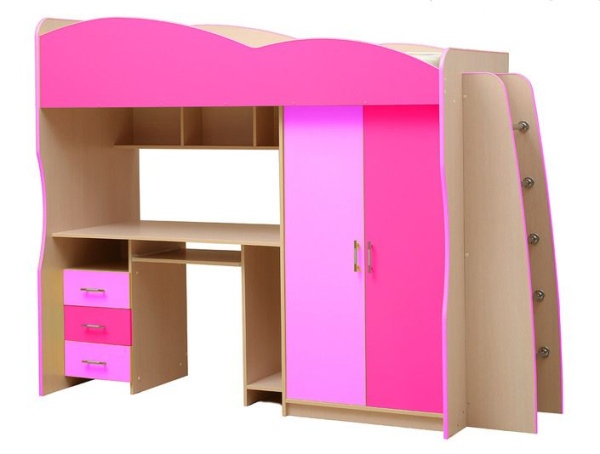 Кровать-чердак с письменным столом Юниор-3.1 200х80см (Дуб молочный/светло-розовый)