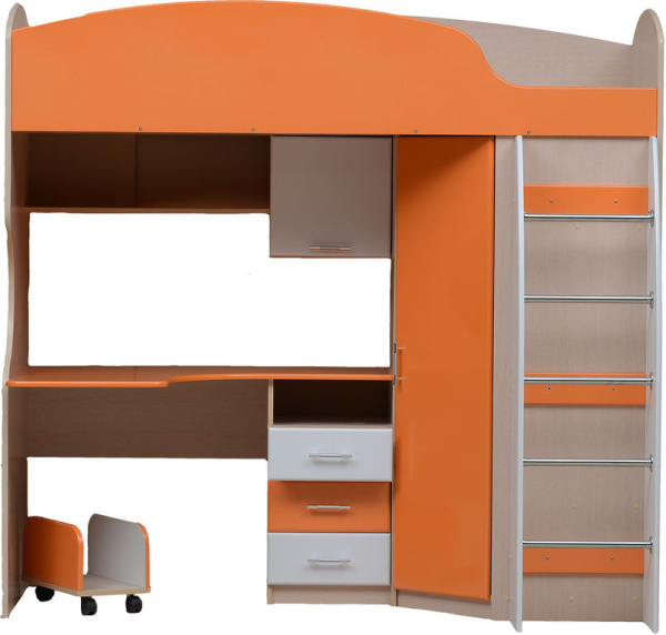 Кровать-чердак с письменным столом Юниор-5 МДФ (Дуб молочный/оранжевый глянец/белый глянец)