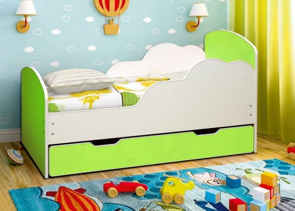 Кровать подростковая Облака-1 140х70см с ящиком ЛДСП (Белый/лайм)