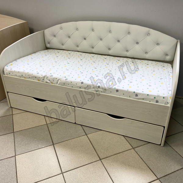 Кровать с мягкой спинкой Софа №9 190х80см ЛДСП (Анкор светлый+ткань белая №1)