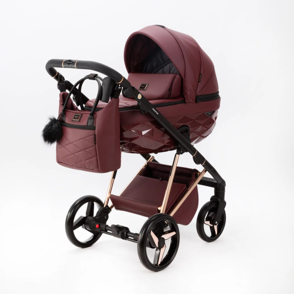Коляска Adamex Quantum SuperStar Deluxe 2в1 (Q-STAR141/Бордовая кожа/бордовое рельефное дно/рама медь)