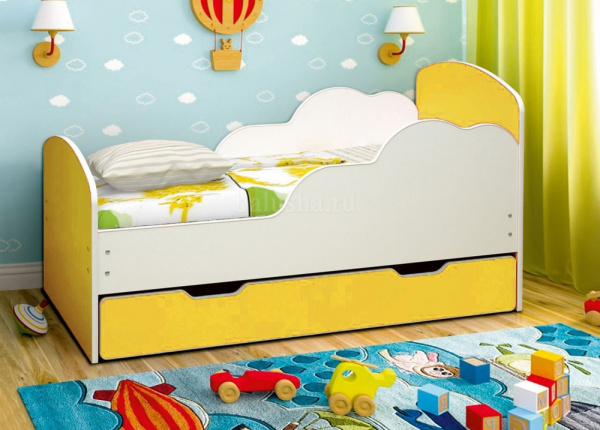 Кровать подростковая Облака-1 140х70см с ящиком ЛДСП (Белый/желтый)