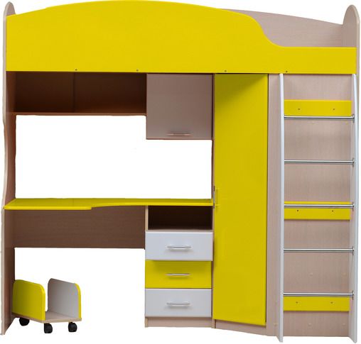 Кровать-чердак с письменным столом Юниор-5 МДФ (Дуб молочный/ярко-желтый глянец/белый глянец)