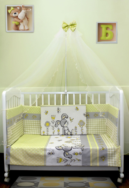 Комплект в кроватку Качели с балдахином 4м съемные чехлы (Заяц Желтый (кремовый))