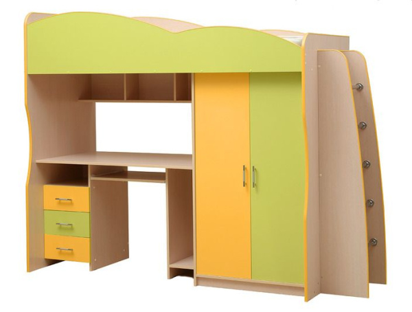 Кровать-чердак с письменным столом Юниор-3.1 200х80см (Дуб молочный/лайм/оранжевый)