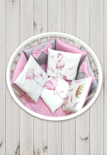 Комплект в кроватку Пухлики 18 предметов, с балдахином, с принтом (Фламинго - розовый)