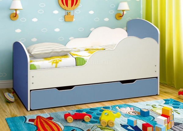 Кровать подростковая Облака-1 160х80см с ящиком ЛДСП (Белый/синий)