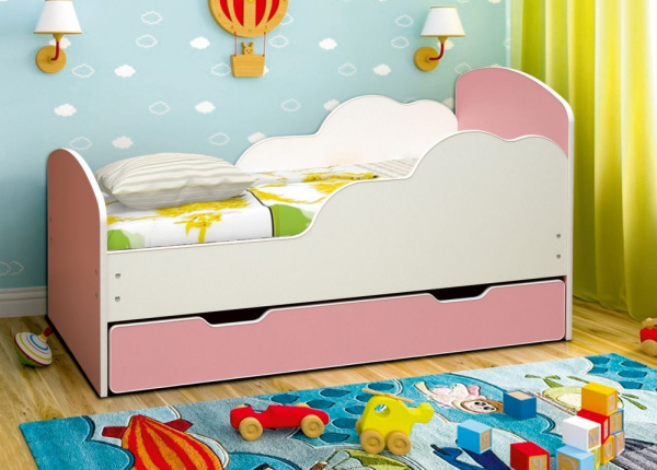 Кровать подростковая Облака-1 140х70см с ящиком ЛДСП (Белый/светло-розовый)