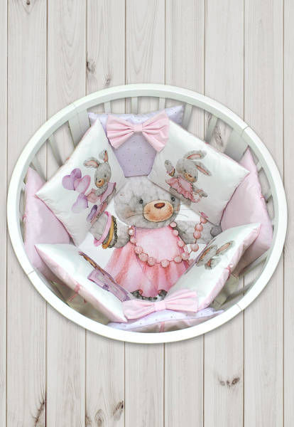 Комплект в кроватку Пухлики 18 предметов, с балдахином, с принтом (Зайка модница - розовый)