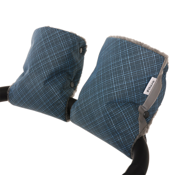 Муфта-варежки Pituso на коляску шерстяной мех (серый) + плащевка (Синий бамбук)