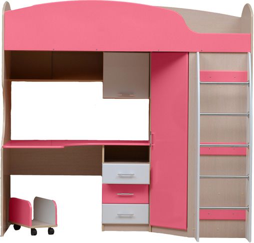 Кровать-чердак с письменным столом Юниор-5 МДФ (Дуб молочный/розовый глянец/белый глянец)