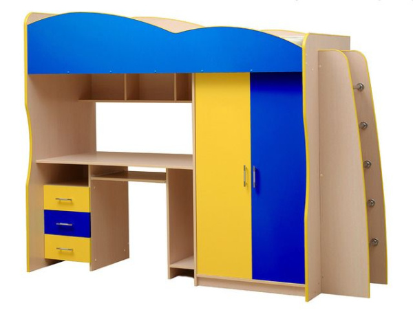 Кровать-чердак с письменным столом Юниор-3.1 200х80см (Дуб молочный/синий/желтый)