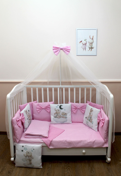Комплект в кроватку Пухлики 18 предметов, с балдахином, с принтом (Мамина радость, розовый)