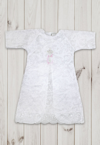 Крестильное платье с вышивкой и кружевной отделкой (Розовый)