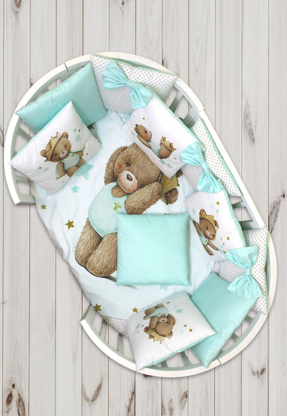 Комплект в кроватку Пухлики 18 предметов, с балдахином, с принтом (Звездный принц - салатовый)