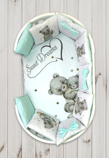 Комплект в кроватку Пухлики 18 предметов, с балдахином, с принтом (Любимый малыш - салатовый)