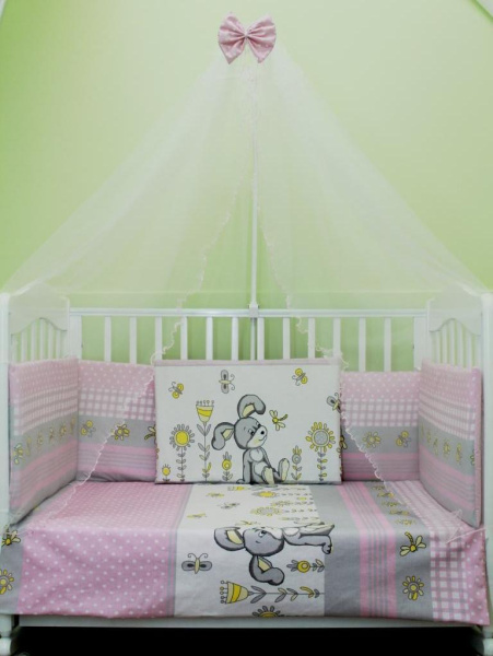 Комплект в кроватку Качели с балдахином 4м съемные чехлы (Заяц розовый)