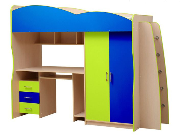 Кровать-чердак с письменным столом Юниор-3.1 200х80см (Дуб молочный/синий/лайм)